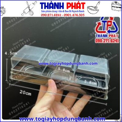 hộp 3 ngăn đế đen- hộp đựng bánh trung thu 75g- hộp đựng 3 bánh- hộp nhựa PET đựng bánh- hộp đựng bánh crepe sầu riêng