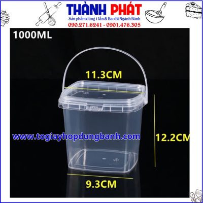 Xô Nhựa Vuông 1000ml Có Quai – Hộp Nhựa Đựng Thực Phẩm Có Nắp – Xô Đựng Nước, Chè, Súp - xô vuông 1000ml đựng trà trái cây