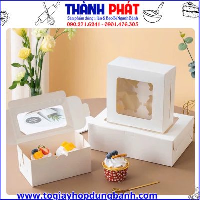 hộp đựng cupcake 2 bánh- hộp giấy đựng cupcake- hộp cupcake nắp kính- hộp cupcake cửa sổ trong