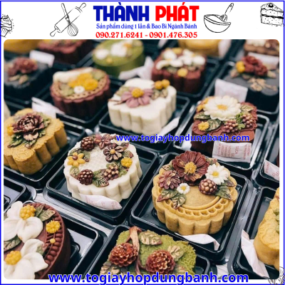 hộp đựng bánh trung thu mini nắp trong suốt -hộp đựng bánh mousse bánh lạnh vuông 9cm hộp bánh trung thu mini đế đen sang trọng-hộp XY80S đen đựng bánh 100g