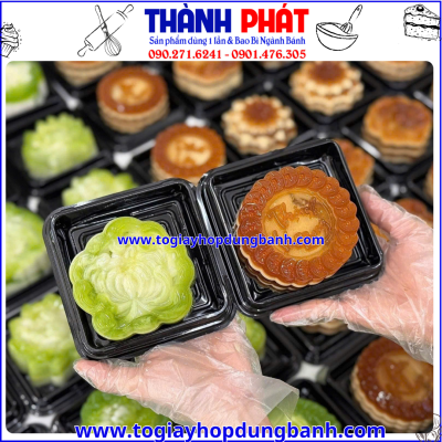 hộp vuông đựng bánh trung thu- hộp XY10-10 đen -hộp nhựa PET đế đen -hộp đựng bánh rau câu- hộp đựng rau câu hoa nổi