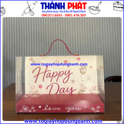 Hộp mica Happy Day đựng yến chưng - Hộp mica đựng quà trái cây - Hộp mica đựng set bánh mousse - Hộp mica Happy Day đựng quà Noel - Hộp Happy Day màu đỏ quai xách đựng bánh và hoa làm quà.