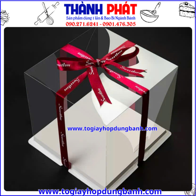 Hộp vuông 2 chi tiết 2 tầng  21.5cm x 21.5cm x 25cm -  Hộp đựng bánh kem sinh nhật - Hộp vuông 2 chi tiết 2 tầng đựng set bánh mousse mix vị- Hộp vuông trong suốt đựng gấu và hoa làm quà.