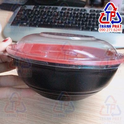 Tô nhựa đỏ đen HT27 - Tô nhựa đỏ đen đựng mì trộn HT27 - tô đỏ đen đựng hủ tiếu - tô nhựa đựng phở - tô nhựa đựng thức ăn có nắp