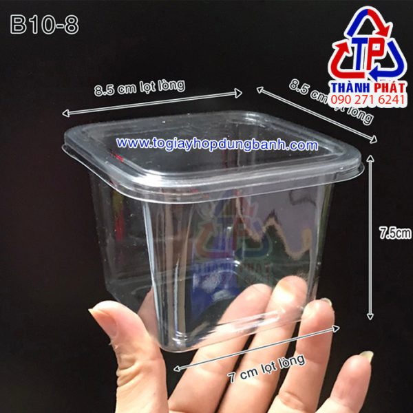 Hộp nhựa B10-8 - Hộp nhựa đựng rau câu vuông trong - Hộp đựng tiramisu - Hộp đựng bánh mousse