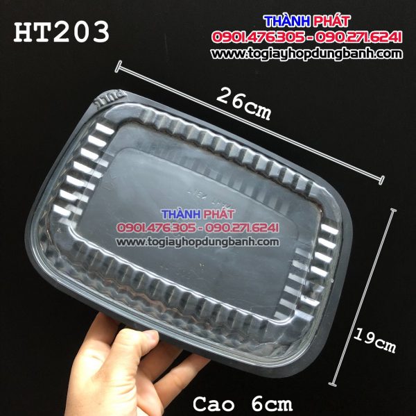 Hộp HT203 - Hộp đế đen HT203 - Hộp đựng rau câu cá chép - Hộp đựng 1kg cơm sầu riêng- Hộp đựng sushi