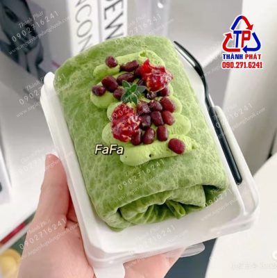 Hộp HT-321 đựng bông lan cuộn kèm nĩa - Hộp nhựa kèm nĩa - Hộp đựng bánh ngọt đế trắng - Hộp đế trắng nĩa nhựa đen đựng bánh cuộn