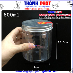 Hủ nhựa Pet nắp nhôm vặn 600ml đựng thực phẩm - Hủ nhựa 600ml nắp nhôm đựng khô gà - Hủ nhựa nắp bạc 600ml đựng bánh mứt