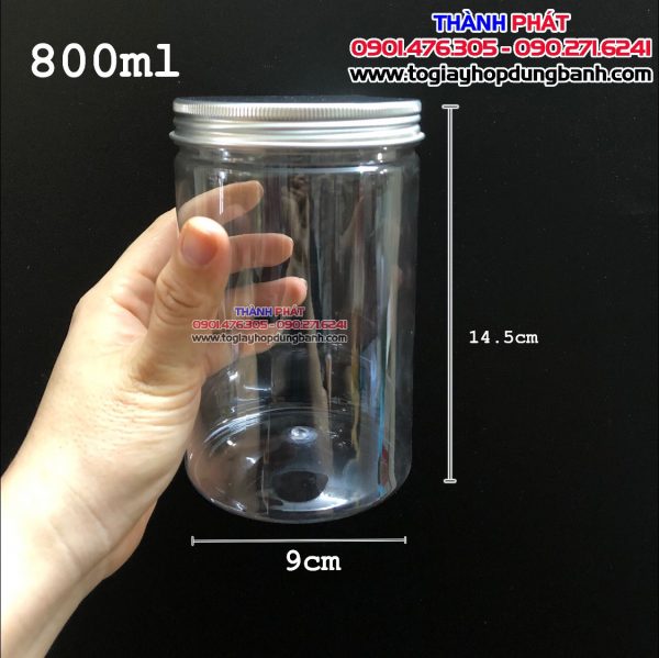 Hủ Pet nắp nhôm 800ml đựng khô gà - Hủ Pet 800ml đựng bánh kẹo mứt tặng quà tết - Hủ nhựa 800ml nắp nhôm bạc