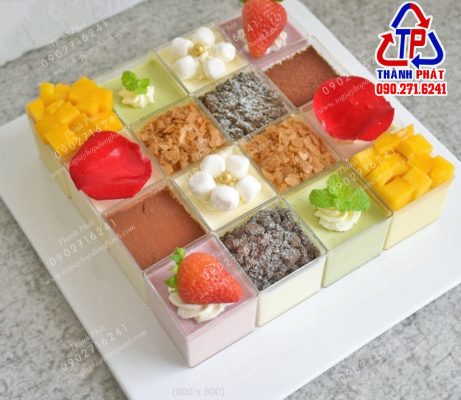 Ly panna cotta vuông ghép làm bánh mix vị - Ly mousse vuông LC-4245 trang trí tiệc teabreak - Ly bánh trang trí tiệc khai trương hội nghị