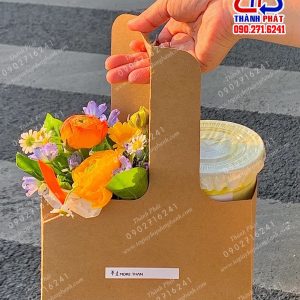 Khay giấy kraft 2 ngăn đựng ly - Khay 2 ngăn đựng ly cafe - khay giấy 2 ngăn đựng ly cafe và hoa - Khay 2 ngăn đựng ly trà sữa