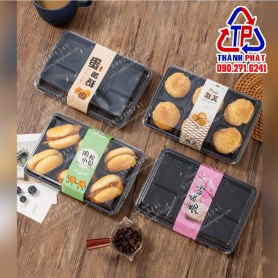 Hộp 6 ngăn đựng mochi đế đen - hộp đựng 6 bánh crepe sấu riêng - Hộp đựng 6 bánh trung thu mini 75g - Hộp 6 ngăn đựng bánh JH-530