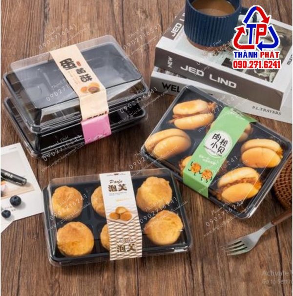 Hộp 6 ngăn đựng mochi đế đen - hộp đựng 6 bánh crepe sấu riêng - Hộp đựng 6 bánh trung thu mini 75g - Hộp 6 ngăn đựng bánh JH-530