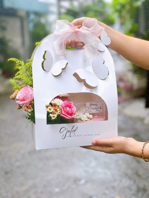 Túi bướm đựng bánh kem quai xách, hộp đưng bánh và hoa, hộp đựng bánh kem mini dễ thương, hộp quai xách bướm trắng