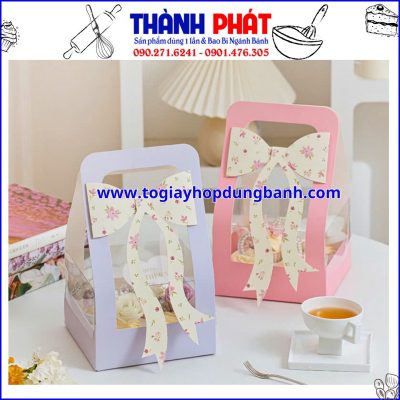 Hộp giấy nơ tím - Hộp nơ Hồng - Hộp quai xách nơ đựng cupcake - Hộp quà tặng 20-10 - Hộp quà tặng lễ 20-10 - Hộp quai xách nơ tặng quà ngày phụ nữ việt nam