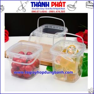 Xô Nhựa Vuông 1000ml Có Quai – Hộp Nhựa Đựng Thực Phẩm Có Nắp – Xô Đựng Nước, Chè, Súp - xô vuông 1000ml đựng trà trái cây