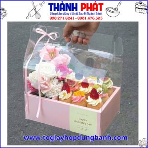 Hộp vali đựng bánh và hoa tặng quà - hộp hai ngăn đế giấy hồng - hộp đế giấy hồng hai ngăn - hộp hai ngăn đựng bánh và hoa - hộp hai ngăn đựng bánh lạnh và hoa